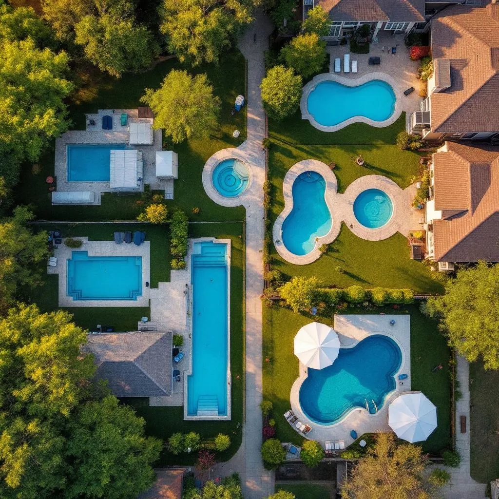 Aerial view of backyard pools in a San Antonio neighborhood
