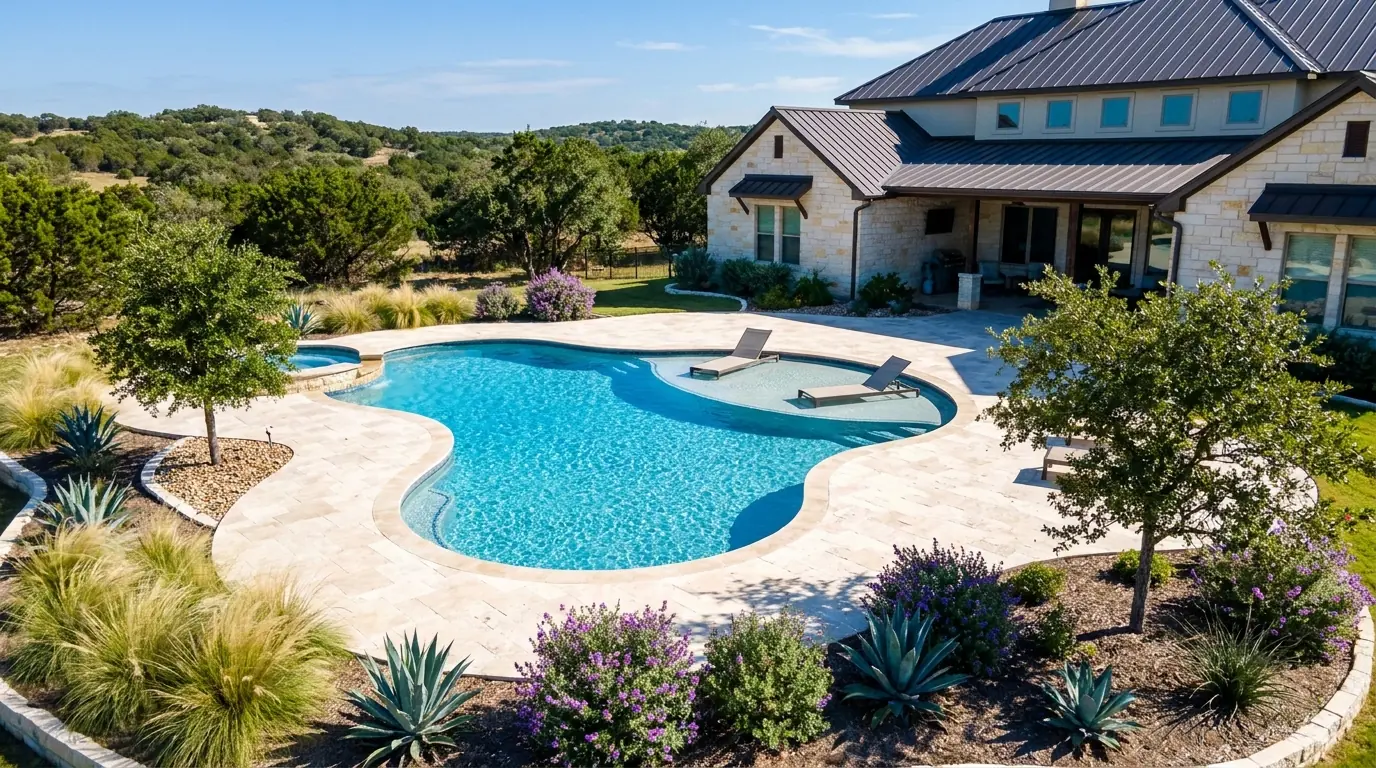 Completed custom pool build — Hill Country San Antonio, TX
