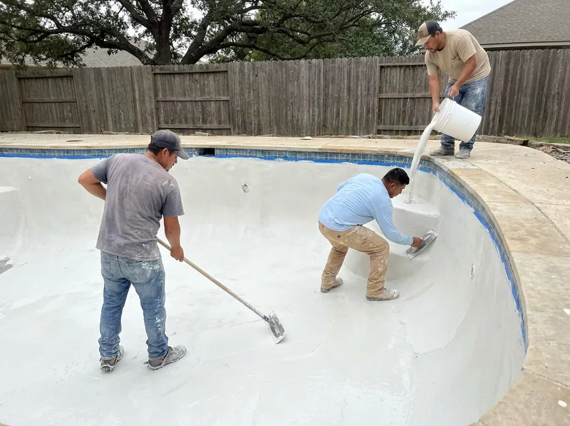 Three plasterers applying fresh white plaster inside a drained backyard pool in San Antonio