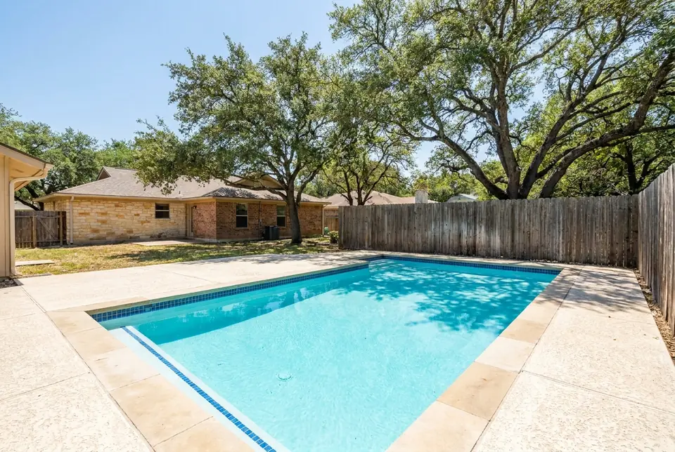 Backyard pool with a white plaster finish under live oak trees