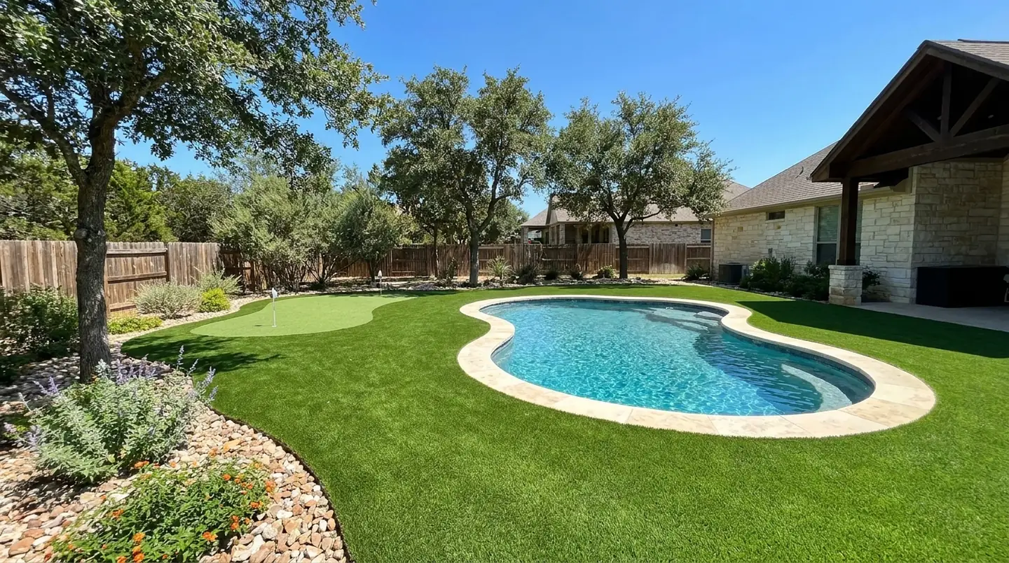 Artificial turf lawn and a small putting green around a freeform backyard pool